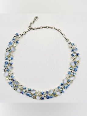 LISNER Vintage Silver Tone Blue Moonglow Glass Stones & AB Rhinestones Necklace